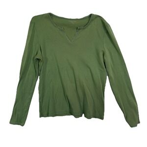 St. Johns Bay Top Womens M Green Lace Trim V-Neck Long Sleeve Cotton Y2K